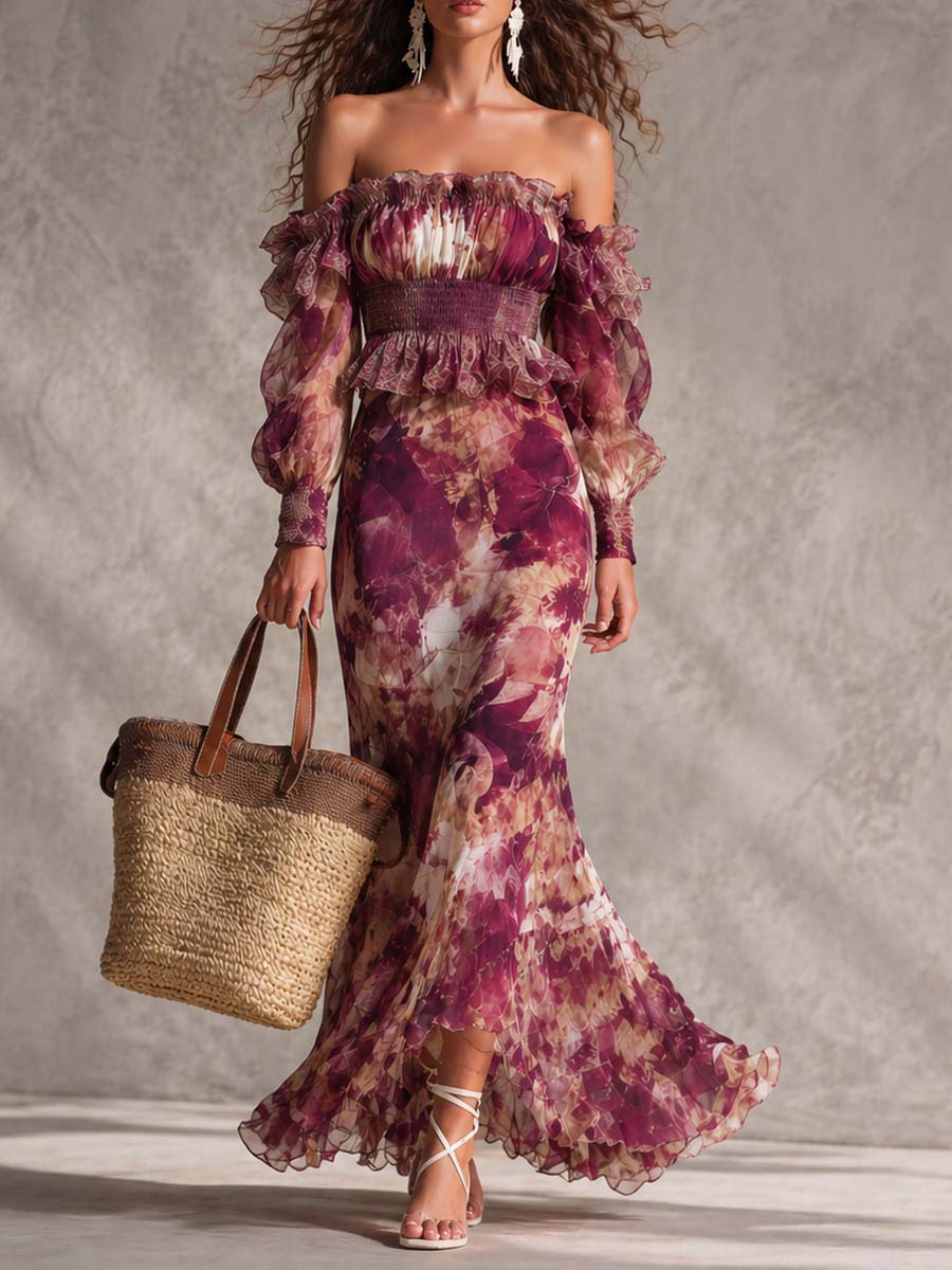 Wells & Monroe Florale Off-Shoulder Chiffon Maxi-jurk, Rose Pink