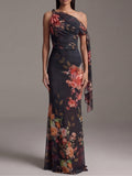 Wells & Monroe Charleston One-Shoulder Chiffon Maxi Jurk Bloemenprint Geplooid