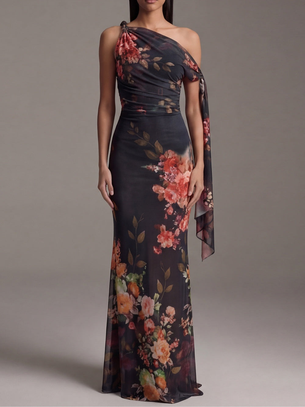 Wells & Monroe Charleston One-Shoulder Chiffon Maxi Jurk Bloemenprint Geplooid