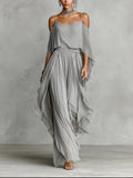 Wells & Monroe Charleston Off-Shoulder Chiffon Set, Vloeiend, Grijs
