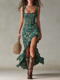 Wells & Monroe Charleston Bohemian Maxi-jurk met Bloemenprint en Ruches, Groen