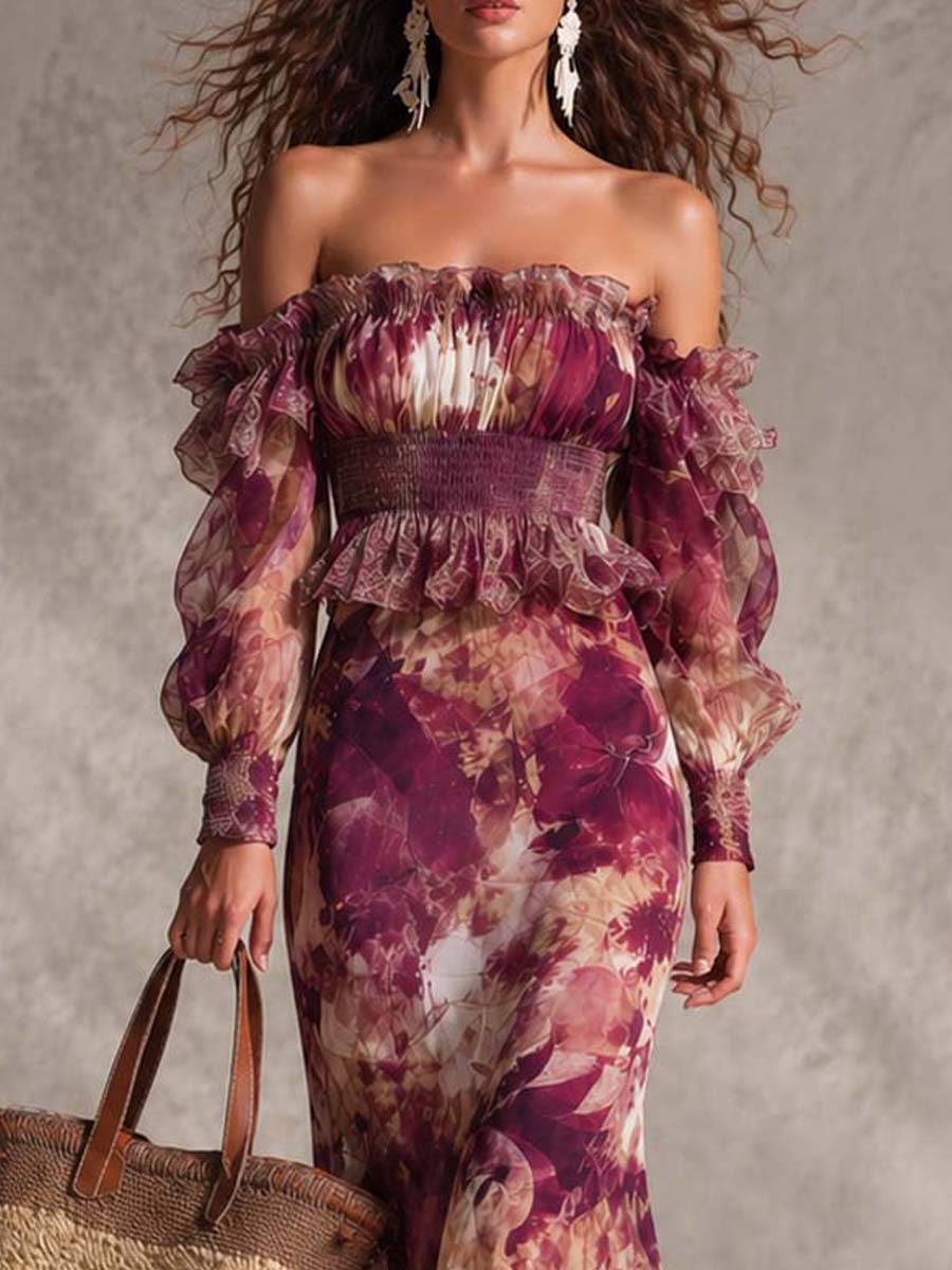 Wells & Monroe Florale Off-Shoulder Chiffon Maxi-jurk, Rose Pink