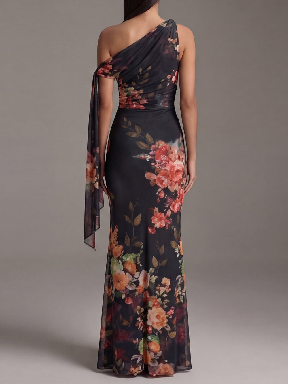 Wells & Monroe Charleston One-Shoulder Chiffon Maxi Jurk Bloemenprint Geplooid