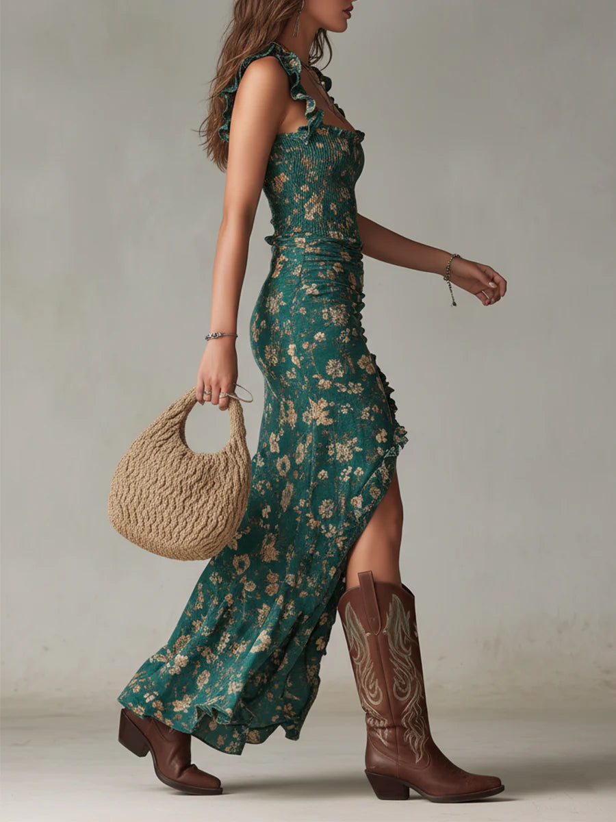 Wells & Monroe Charleston Bohemian Maxi-jurk met Bloemenprint en Ruches, Groen