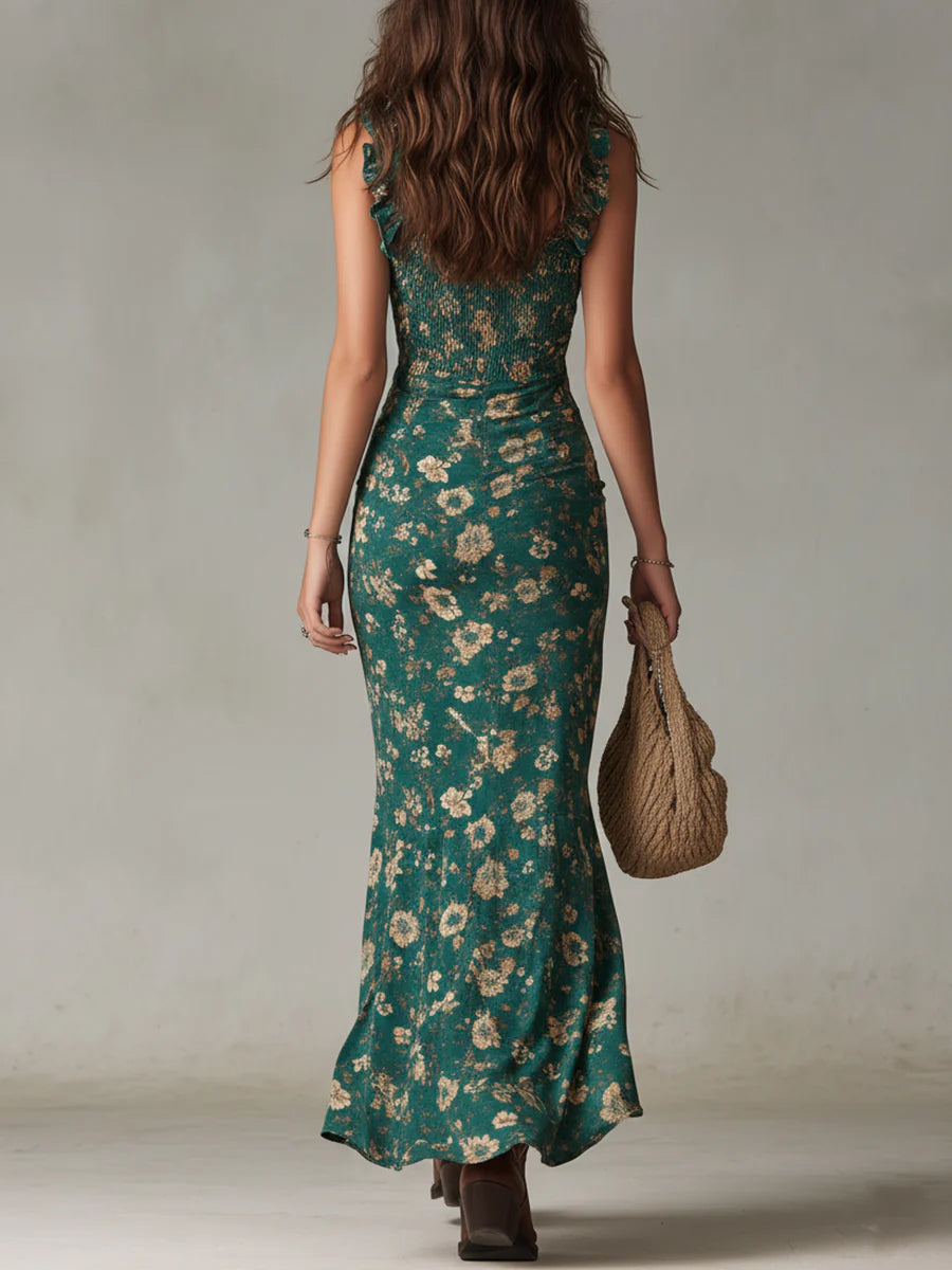 Wells & Monroe Charleston Bohemian Maxi-jurk met Bloemenprint en Ruches, Groen
