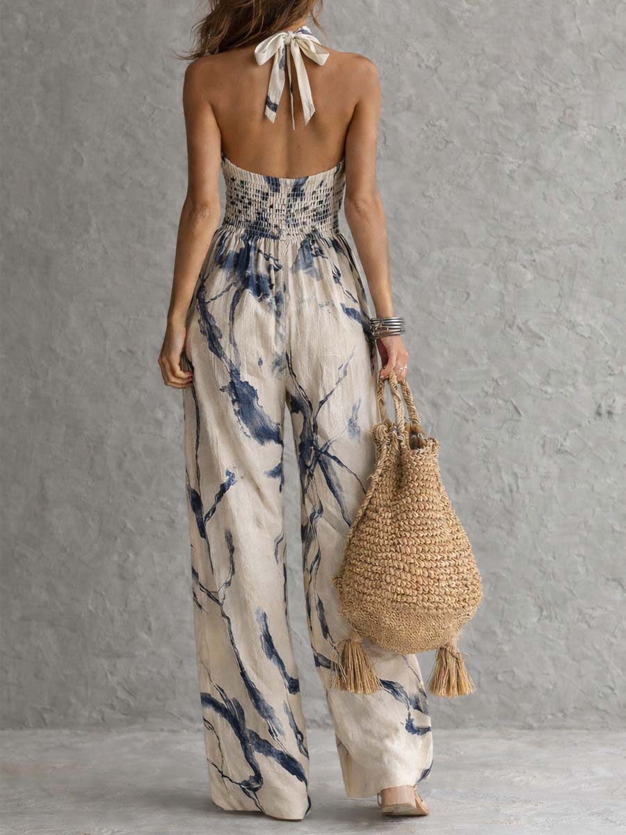 Wells & Monroe Jumpsuit met Halterhals en Ink-Wash Print, Beige