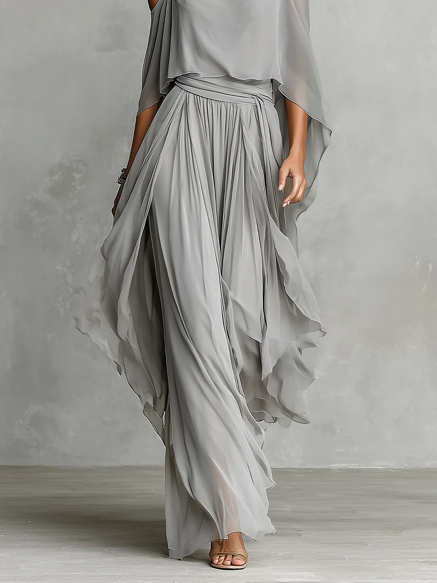 Wells & Monroe Charleston Off-Shoulder Chiffon Set, Vloeiend, Grijs