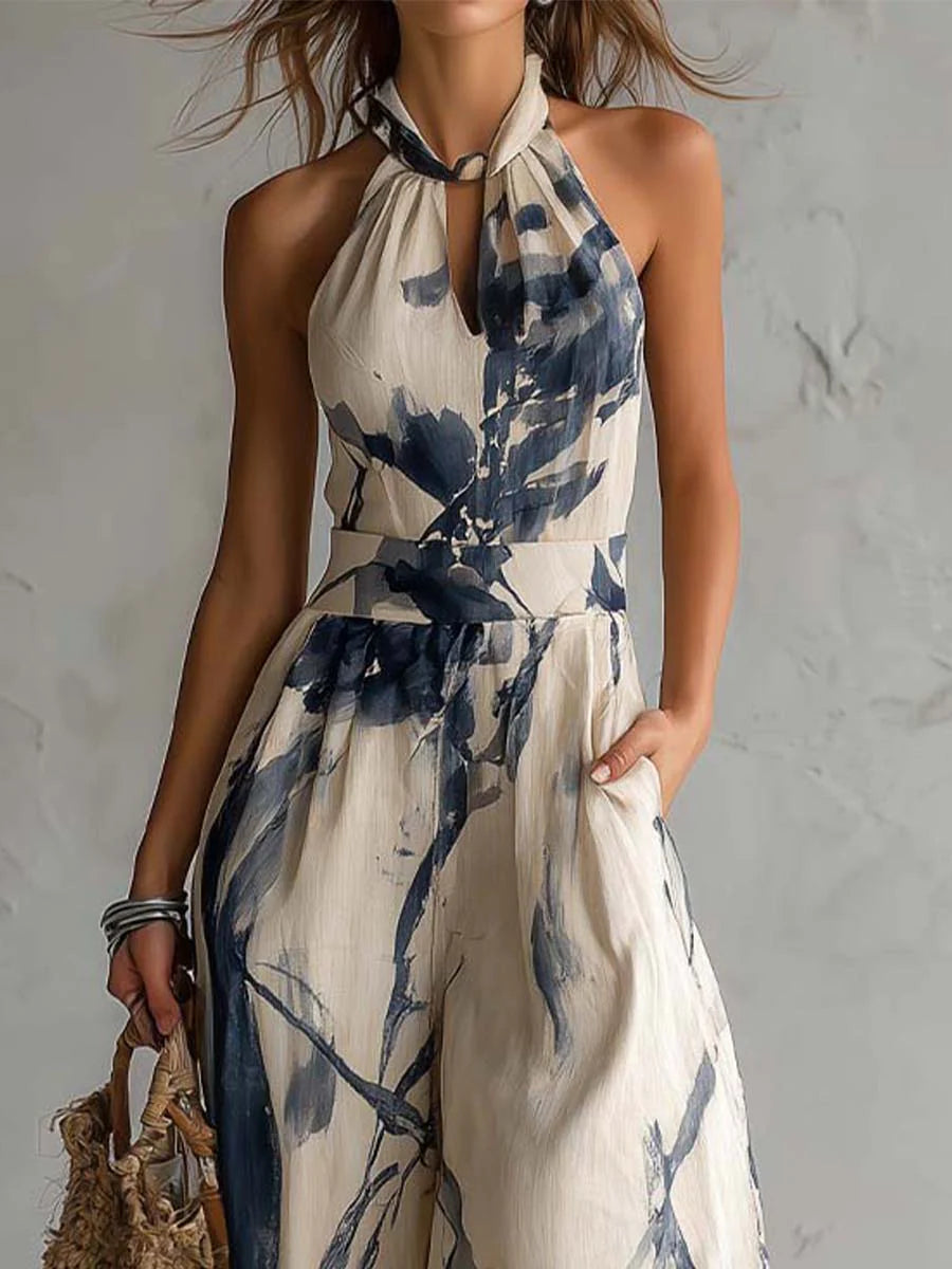 Wells & Monroe Jumpsuit met Halterhals en Ink-Wash Print, Beige