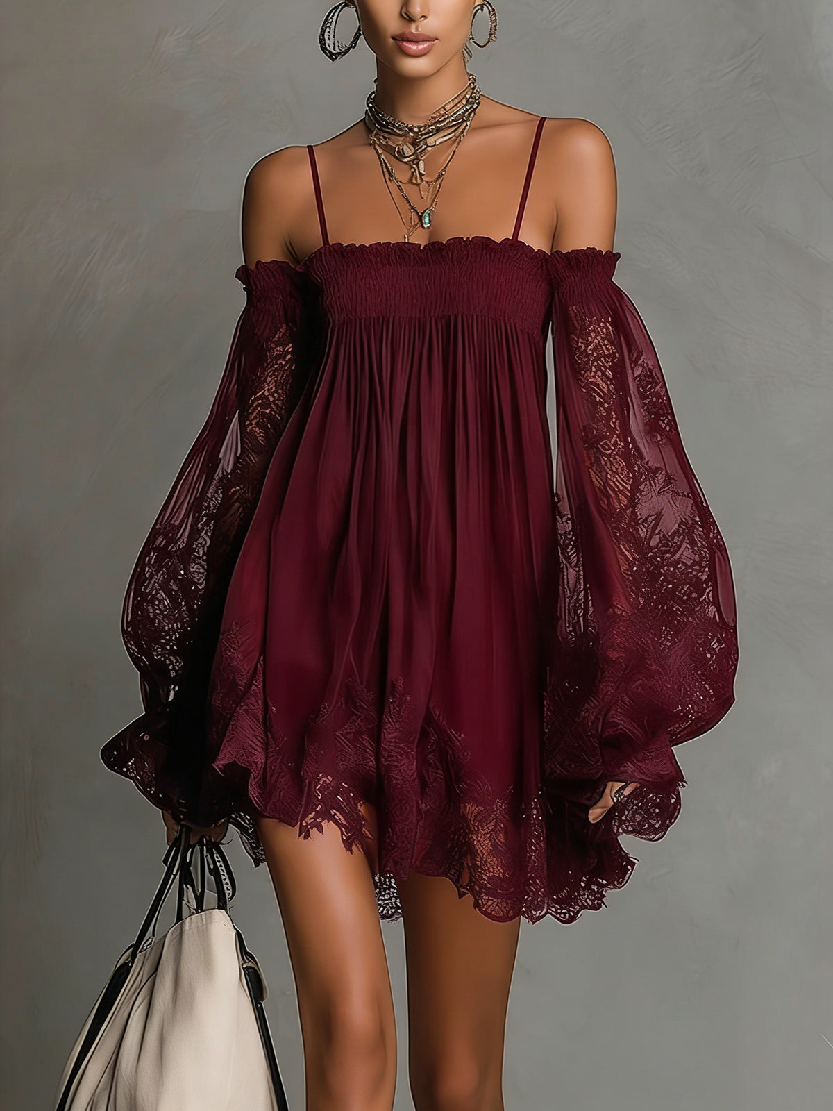 Marineblauwe Kanten Chiffon Minijurk met Off-shoulder Halslijn en Mouwen