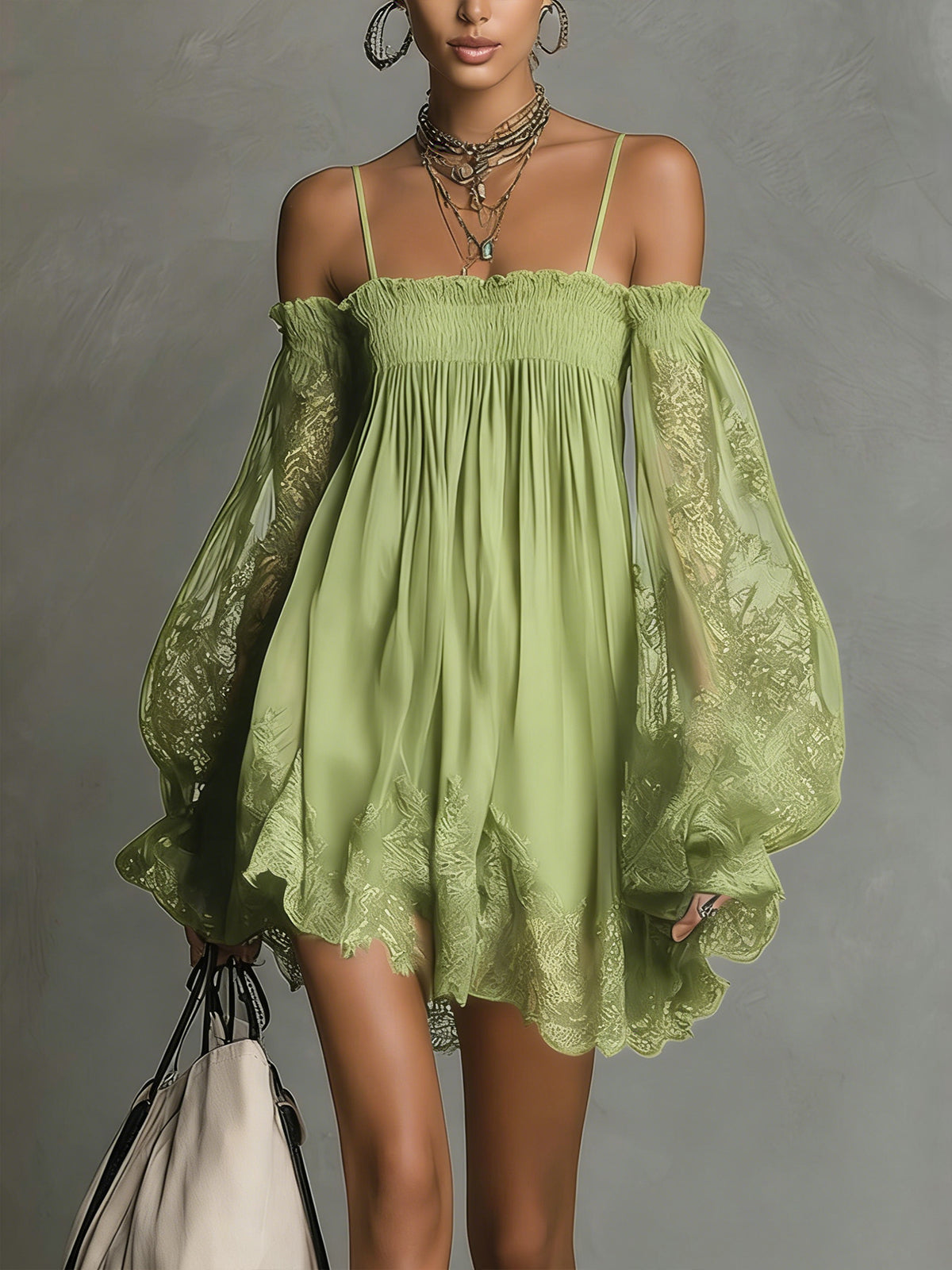 Marineblauwe Kanten Chiffon Minijurk met Off-shoulder Halslijn en Mouwen