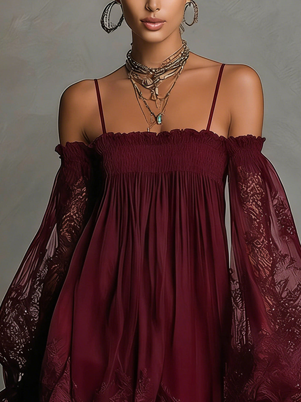 Marineblauwe Kanten Chiffon Minijurk met Off-shoulder Halslijn en Mouwen