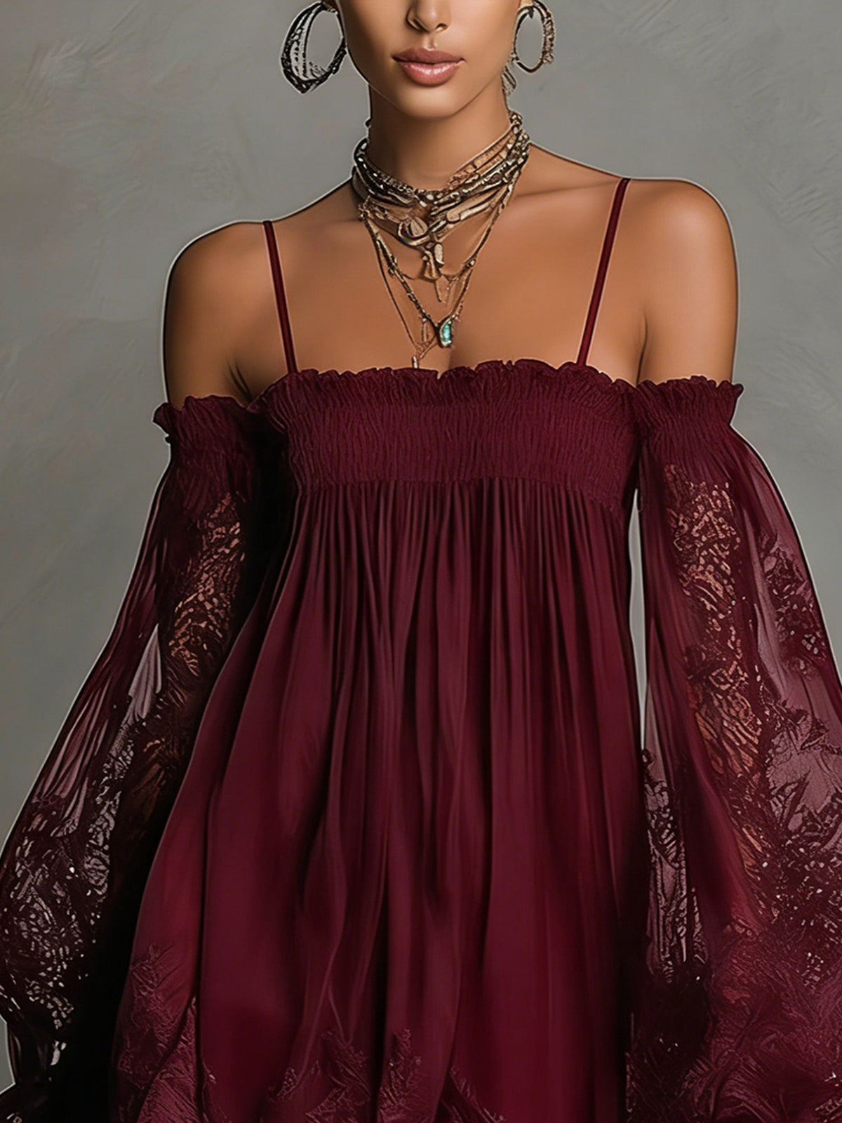 Marineblauwe Kanten Chiffon Minijurk met Off-shoulder Halslijn en Mouwen
