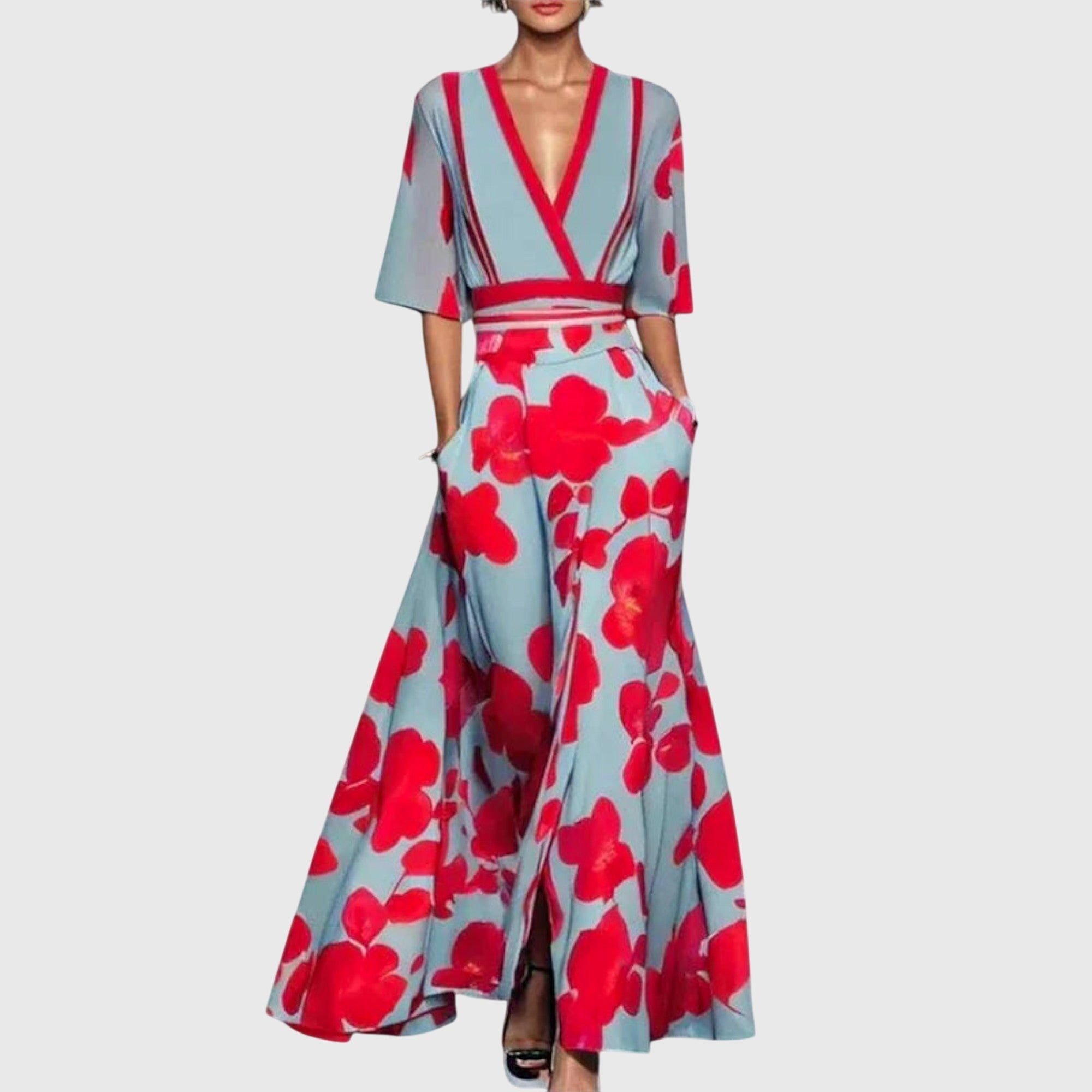 Women's Elegant Flowy Maxi Dress with 3/4 Sleeves