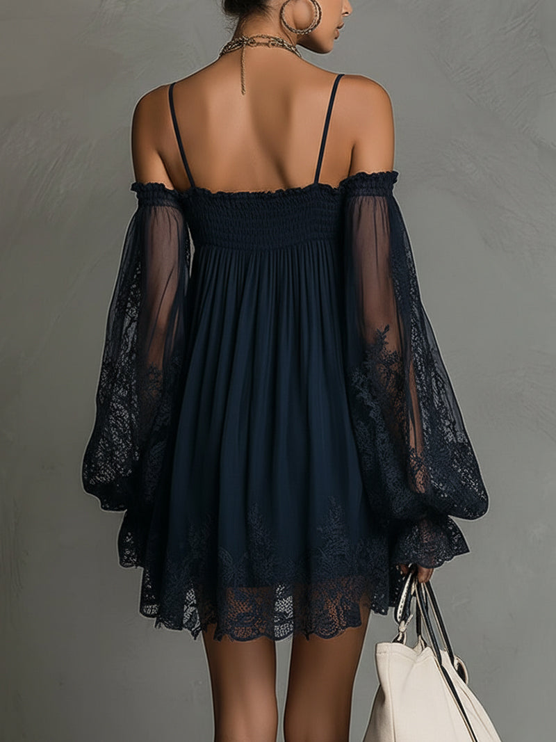 Marineblauwe Kanten Chiffon Minijurk met Off-shoulder Halslijn en Mouwen