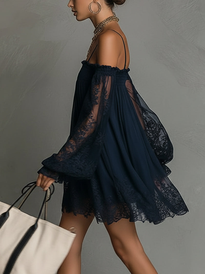 Marineblauwe Kanten Chiffon Minijurk met Off-shoulder Halslijn en Mouwen