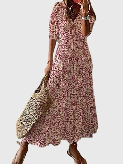 Boho summer dress in maroon with ornate damask pattern, short sleeves, scalloped hem