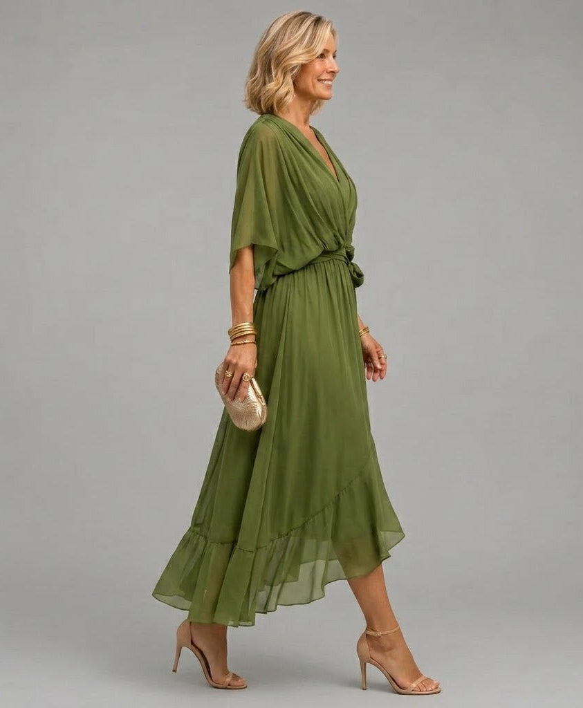 Dames Elegante Luchtige V-Hals Midi Jurk