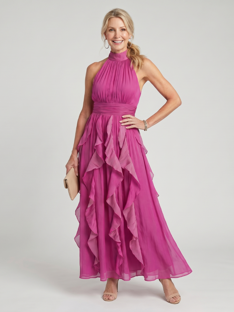 Dames Elegante Ruffle Maxi Jurk met Col