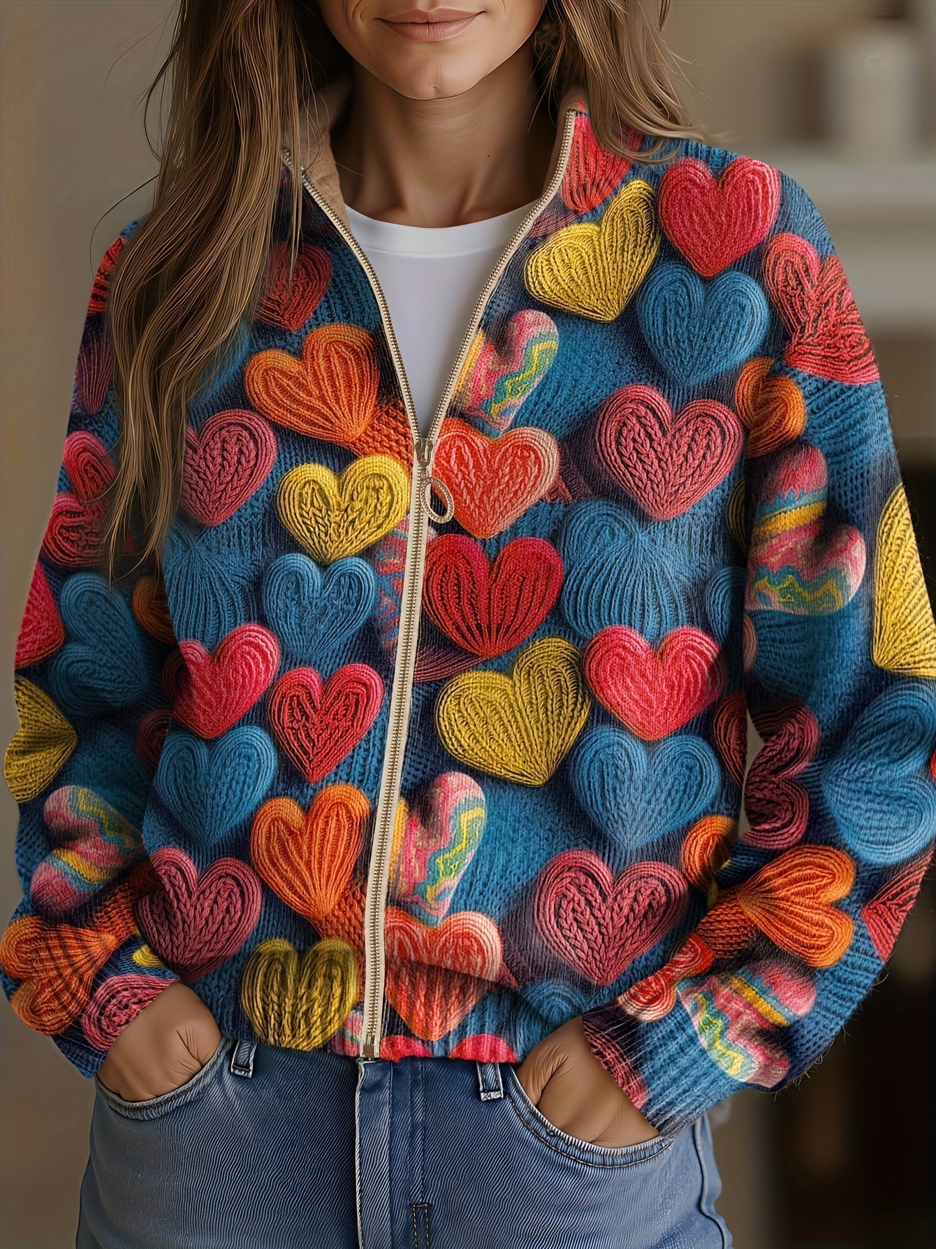 Valentine™ Multicolor Harten Gebreid Cardigan, Ritssluiting