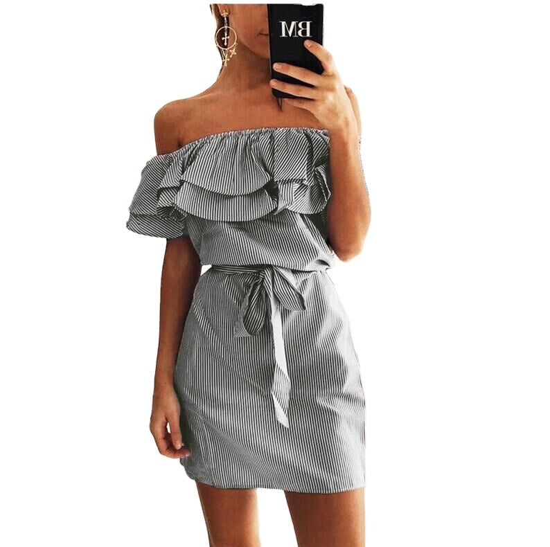Europese Stijl Gestreepte Off-Shoulder Mini-Jurk met Ruches