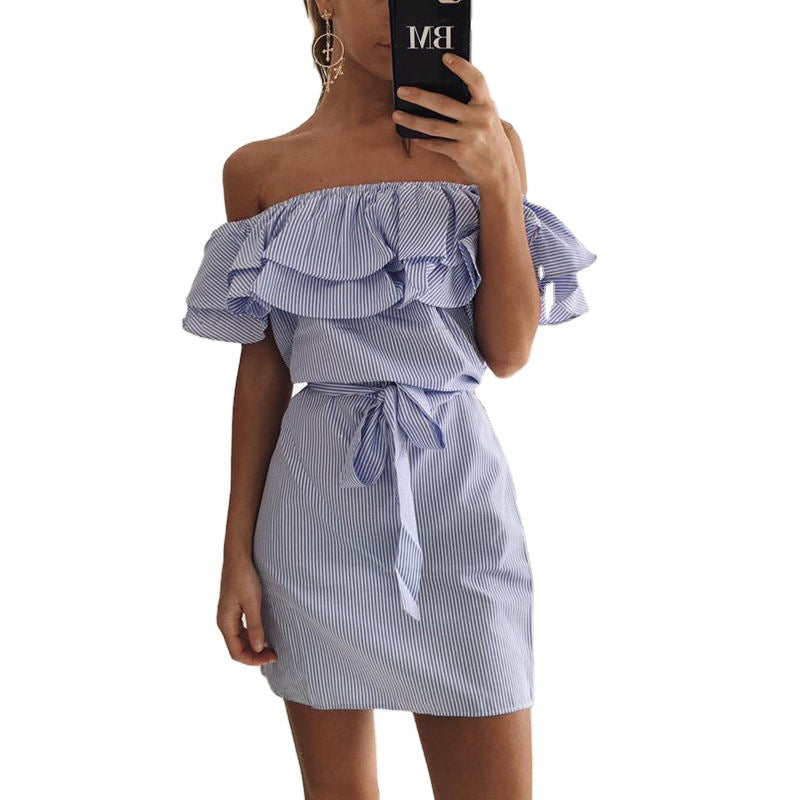 Europese Stijl Gestreepte Off-Shoulder Mini-Jurk met Ruches