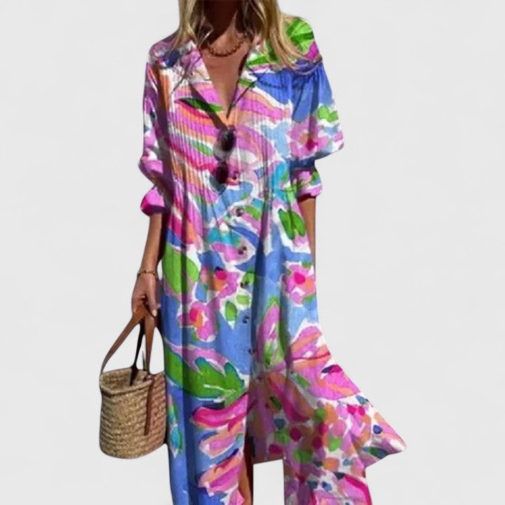 Purple-blue watercolor print boho dress with V-neck and button front, loose fit.