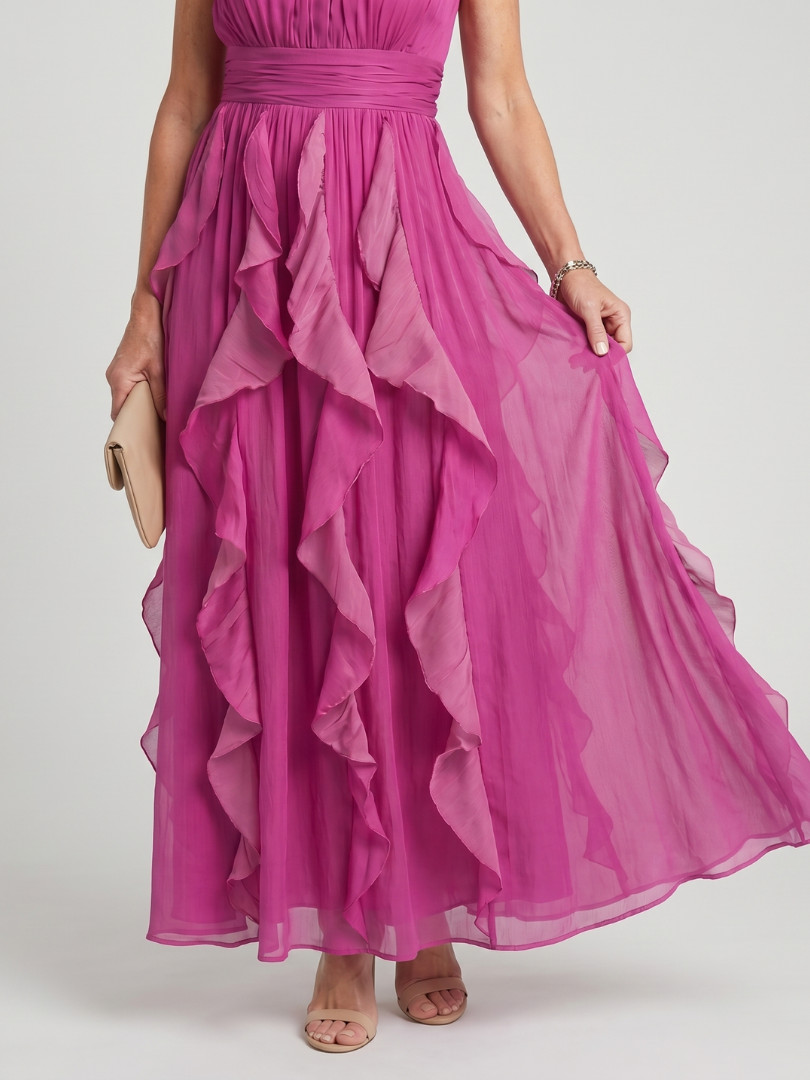 Dames Elegante Ruffle Maxi Jurk met Col