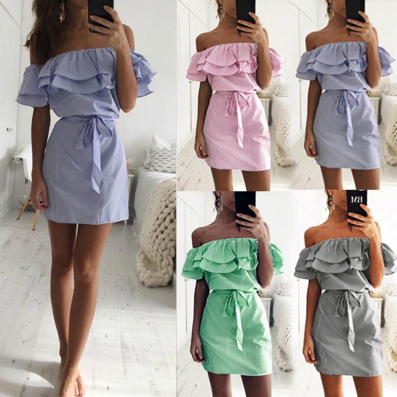 Europese Stijl Gestreepte Off-Shoulder Mini-Jurk met Ruches