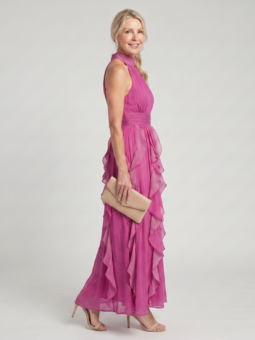 Dames Elegante Ruffle Maxi Jurk met Col