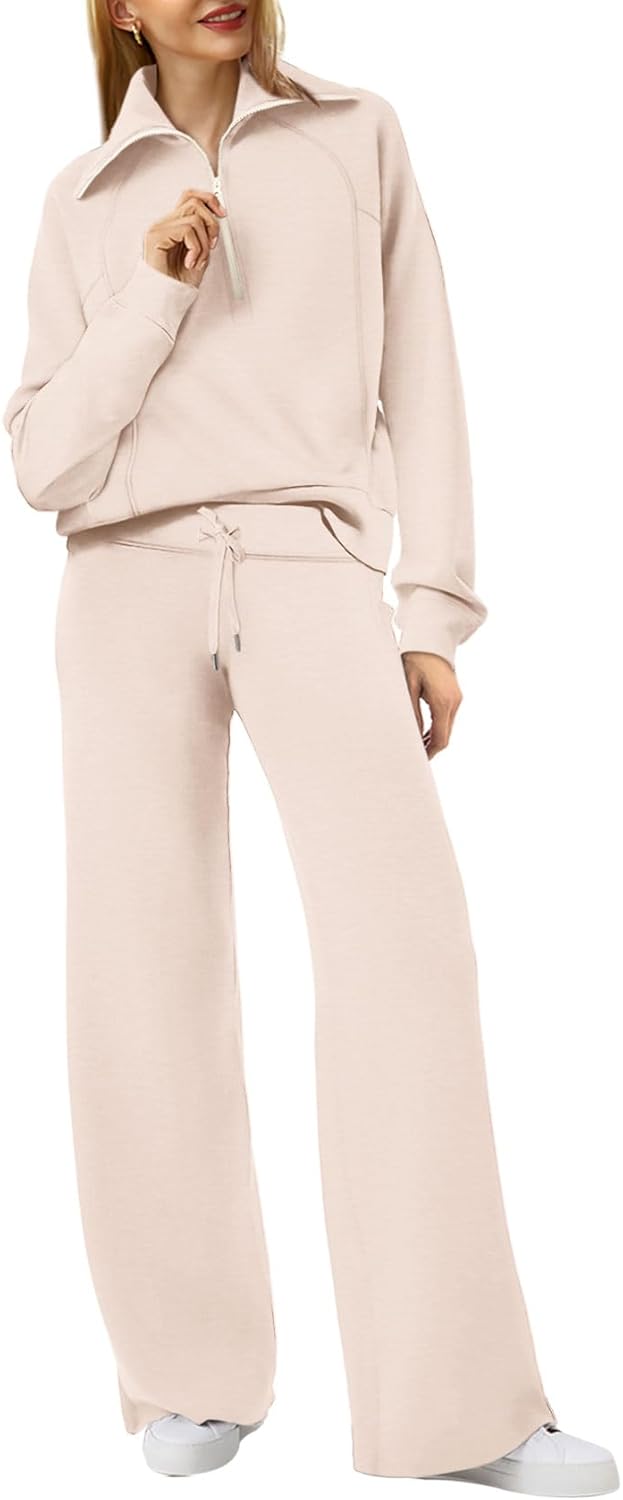 XIEERDUO Dames 2-Delige Lounge Set Half-Zip Sweatshirt Wijde Pijpen