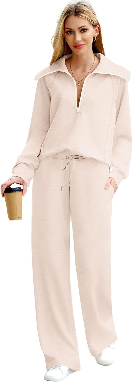 XIEERDUO Dames 2-Delige Lounge Set Half-Zip Sweatshirt Wijde Pijpen