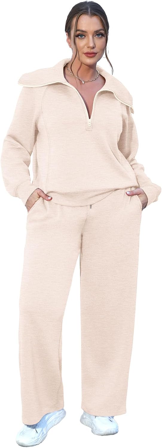 XIEERDUO Dames 2-Delige Lounge Set Half-Zip Sweatshirt Wijde Pijpen