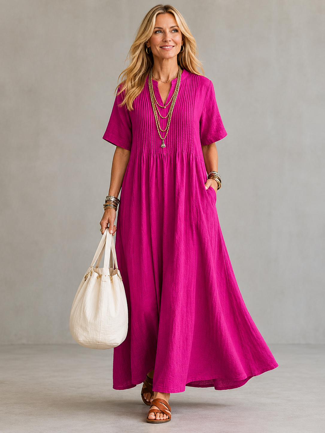 Nathalia Geplooide Maxi Jurk met Comfortabele Pasvorm en Ademende Stof