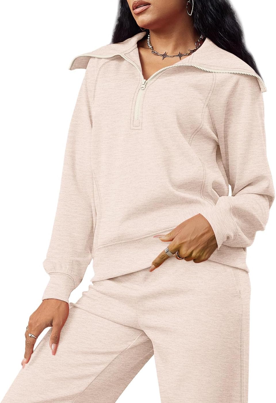 XIEERDUO Dames 2-Delige Lounge Set Half-Zip Sweatshirt Wijde Pijpen
