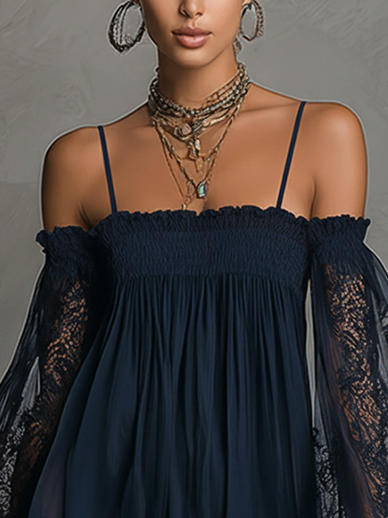 Marineblauwe Kanten Chiffon Minijurk met Off-shoulder Halslijn en Mouwen