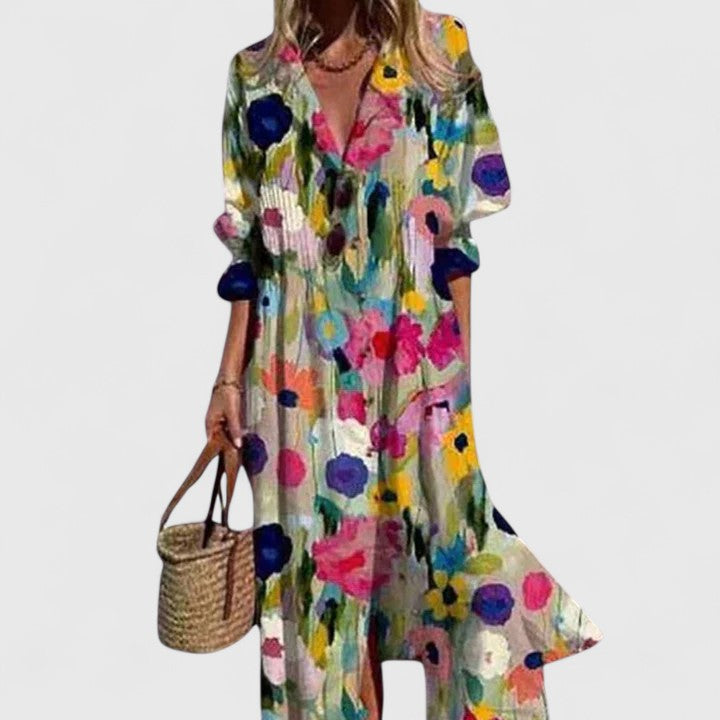 Cream boho dress with colorful floral and dot print, V-neck button front, flared hem.