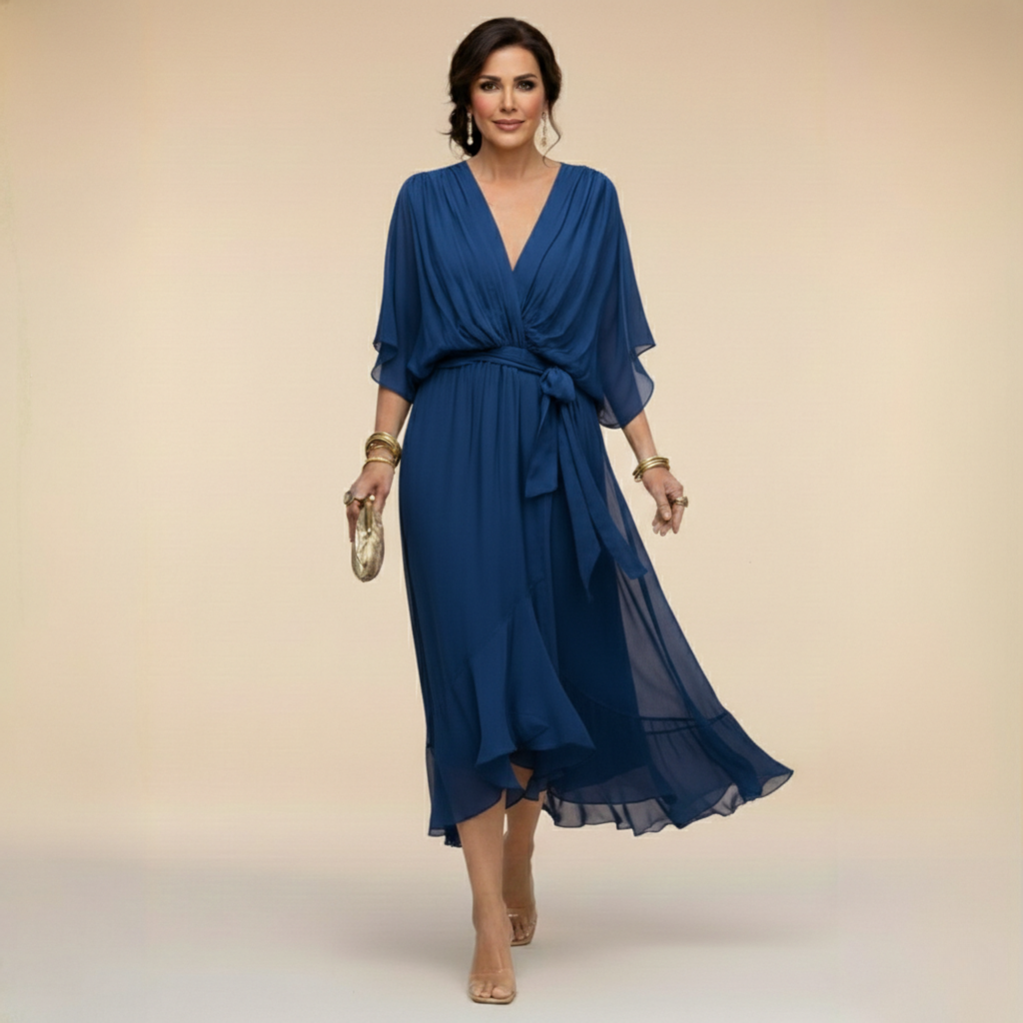 Dames Elegante Luchtige V-Hals Midi Jurk