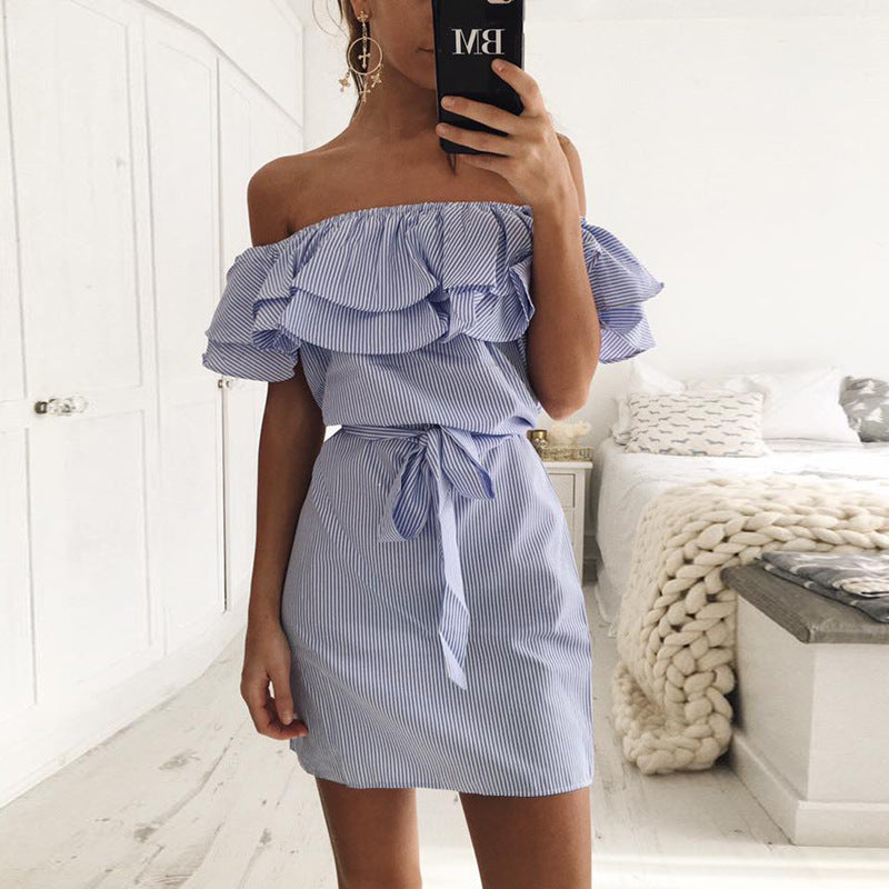 Europese Stijl Gestreepte Off-Shoulder Mini-Jurk met Ruches