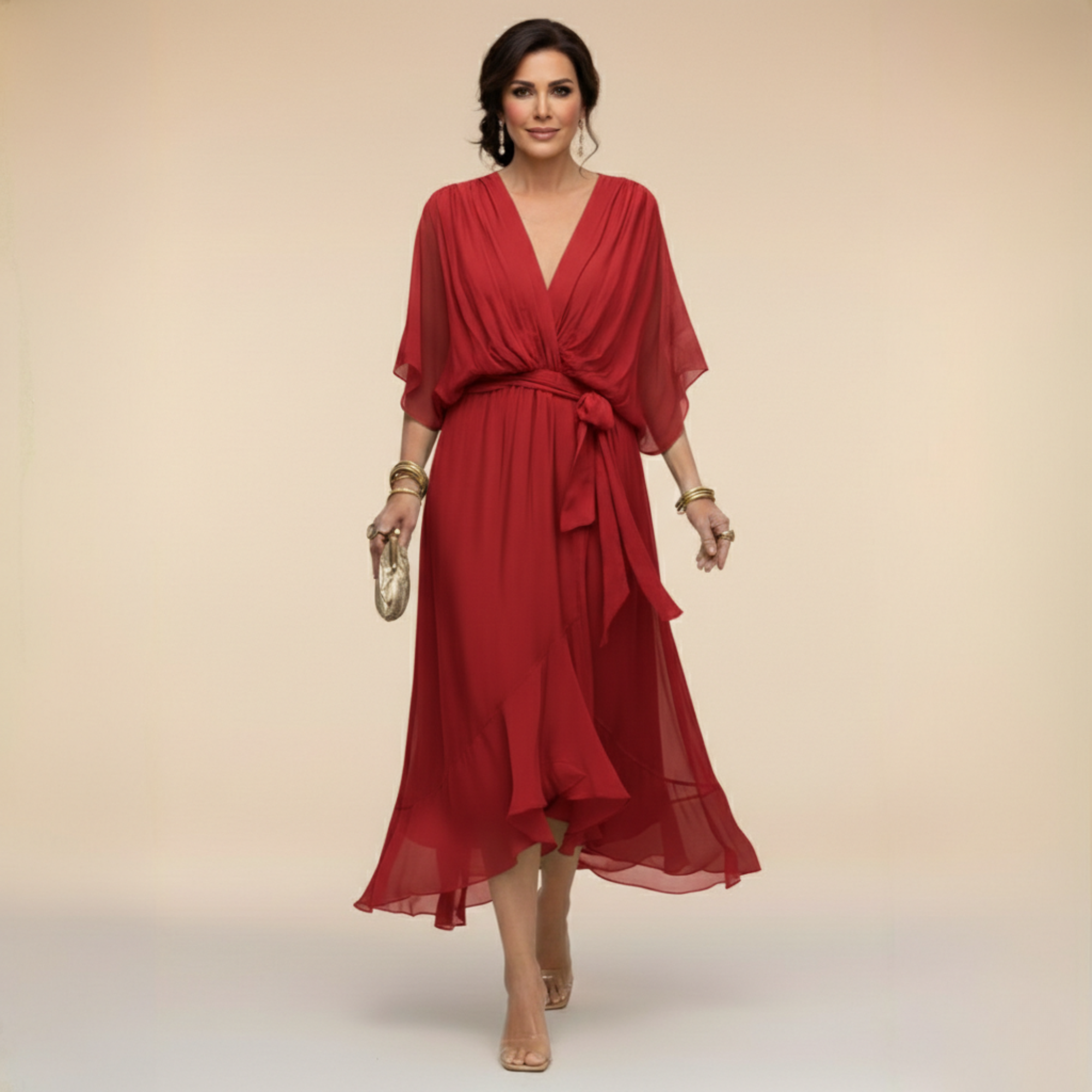 Dames Elegante Luchtige V-Hals Midi Jurk