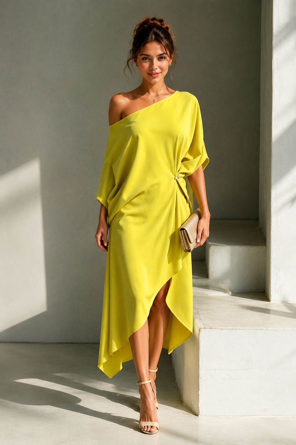 NOVALISESTUDIO Camila Asymmetrische Elegante Damesjurk in Geel