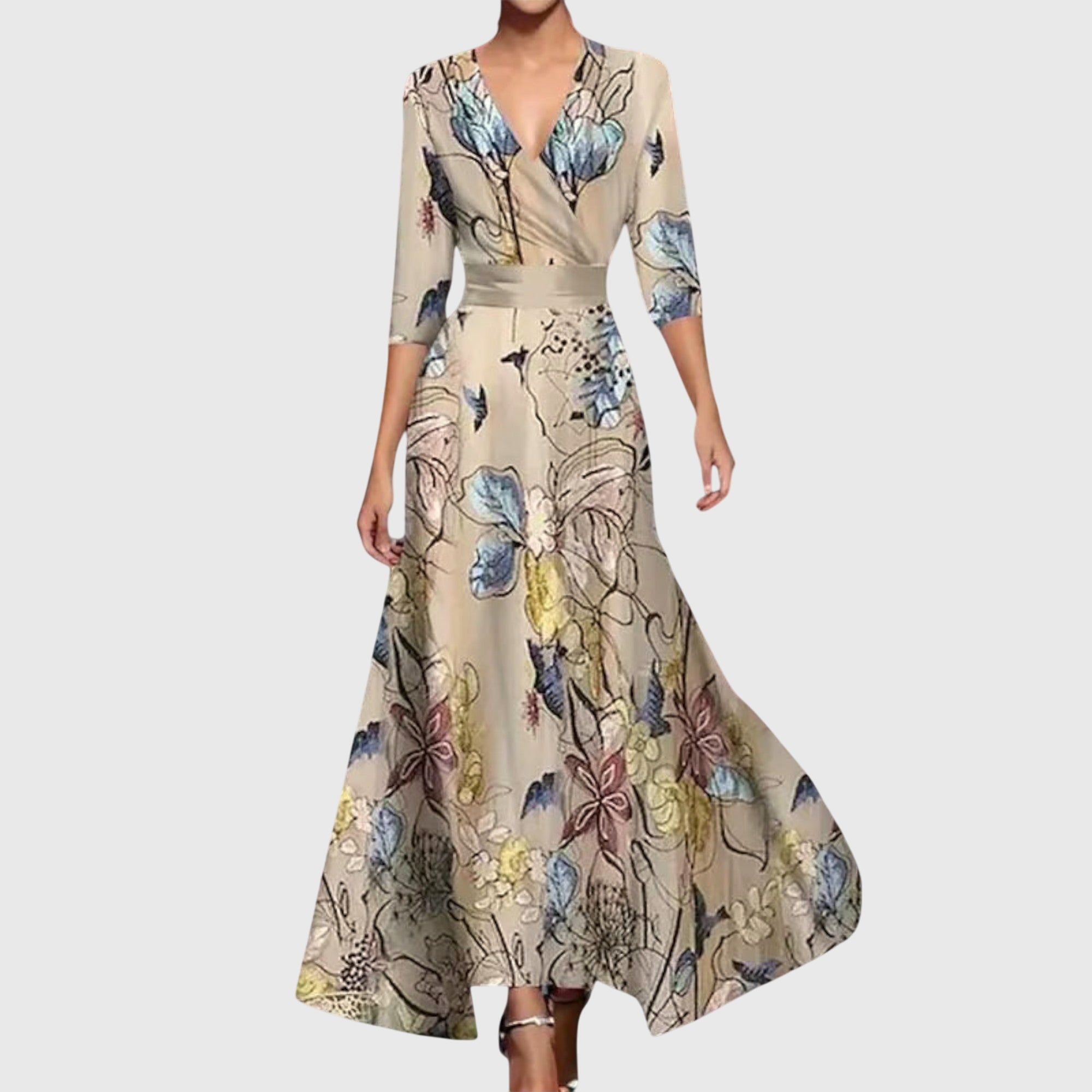 Women's Elegant Flowy Maxi Dress with 3/4 Sleeves