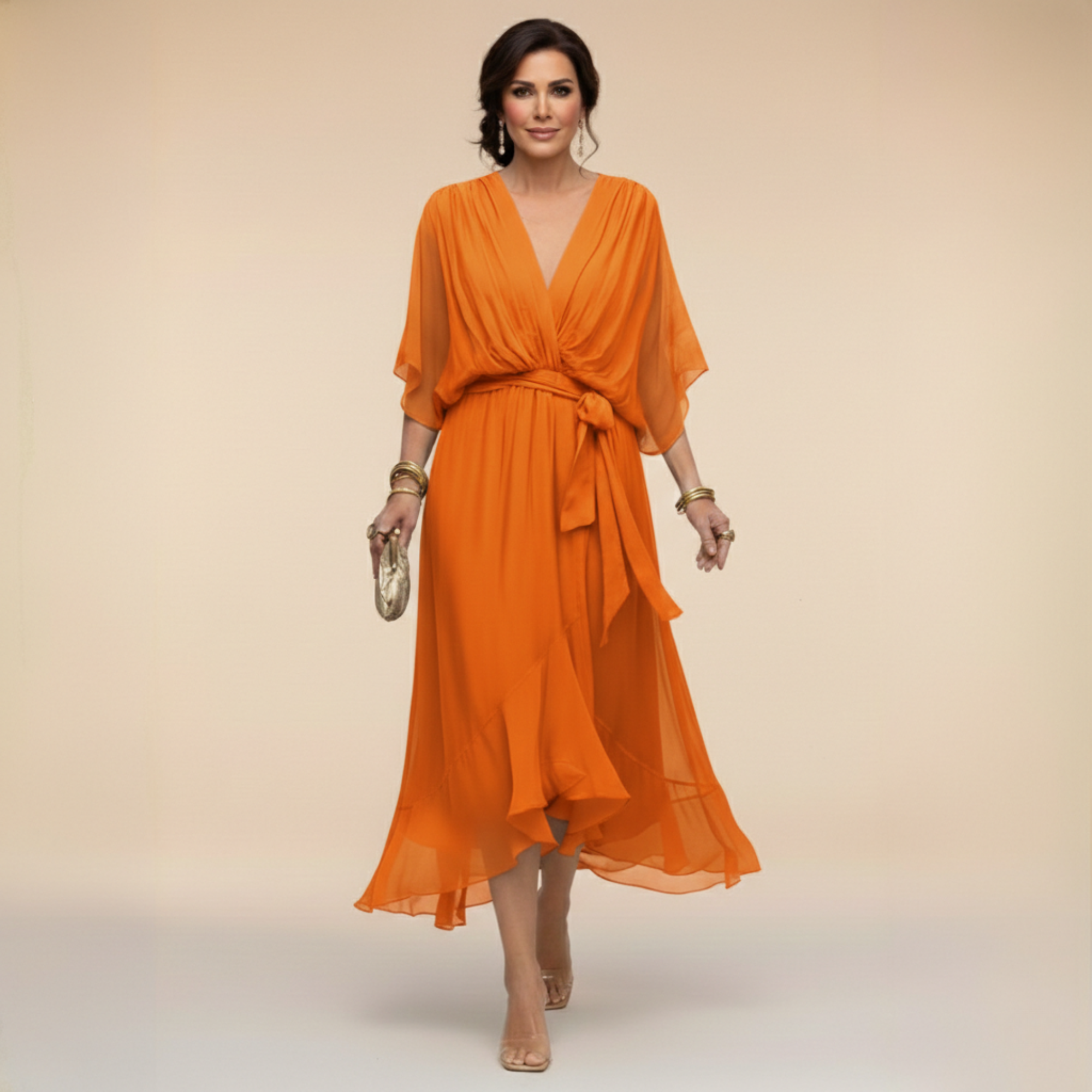 Dames Elegante Luchtige V-Hals Midi Jurk