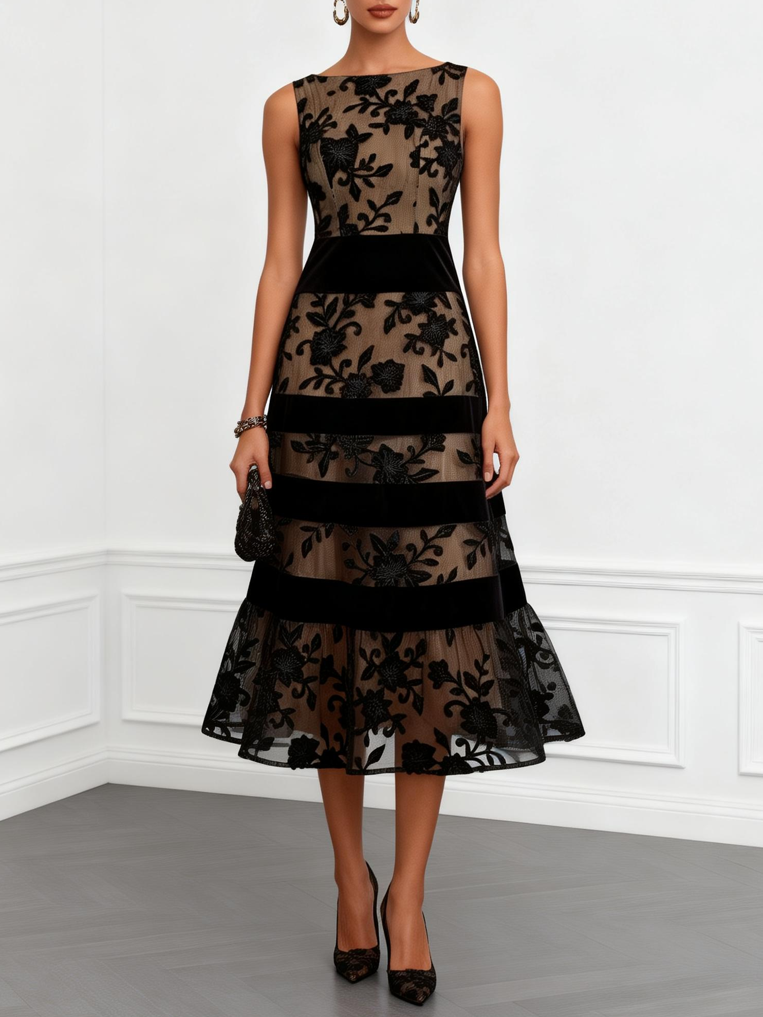 Wells & Monroe Charleston A-Lijn Midi Jurk, Bloemen Mesh, Mouwloos, Zwart
