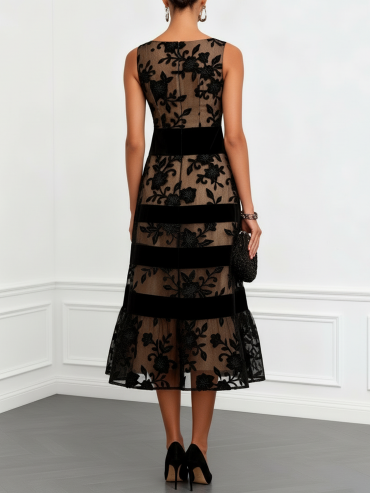 Wells & Monroe Charleston A-Lijn Midi Jurk, Bloemen Mesh, Mouwloos, Zwart