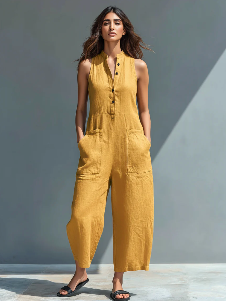 Minimalistische Mouwloze Jumpsuit van Ademende Linnenmix voor Dames