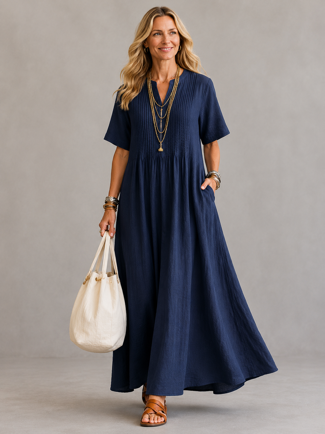 Nathalia Geplooide Maxi-jurk met Relaxte Pasvorm