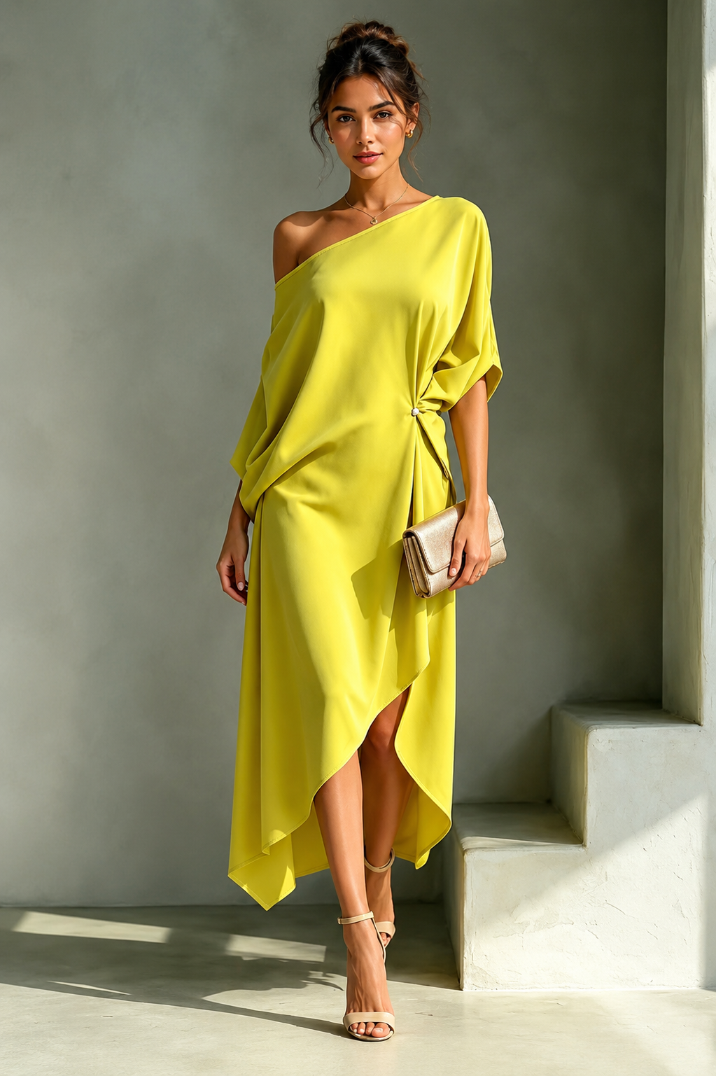 NOVALISESTUDIO Camila Asymmetrische Elegante Damesjurk in Geel