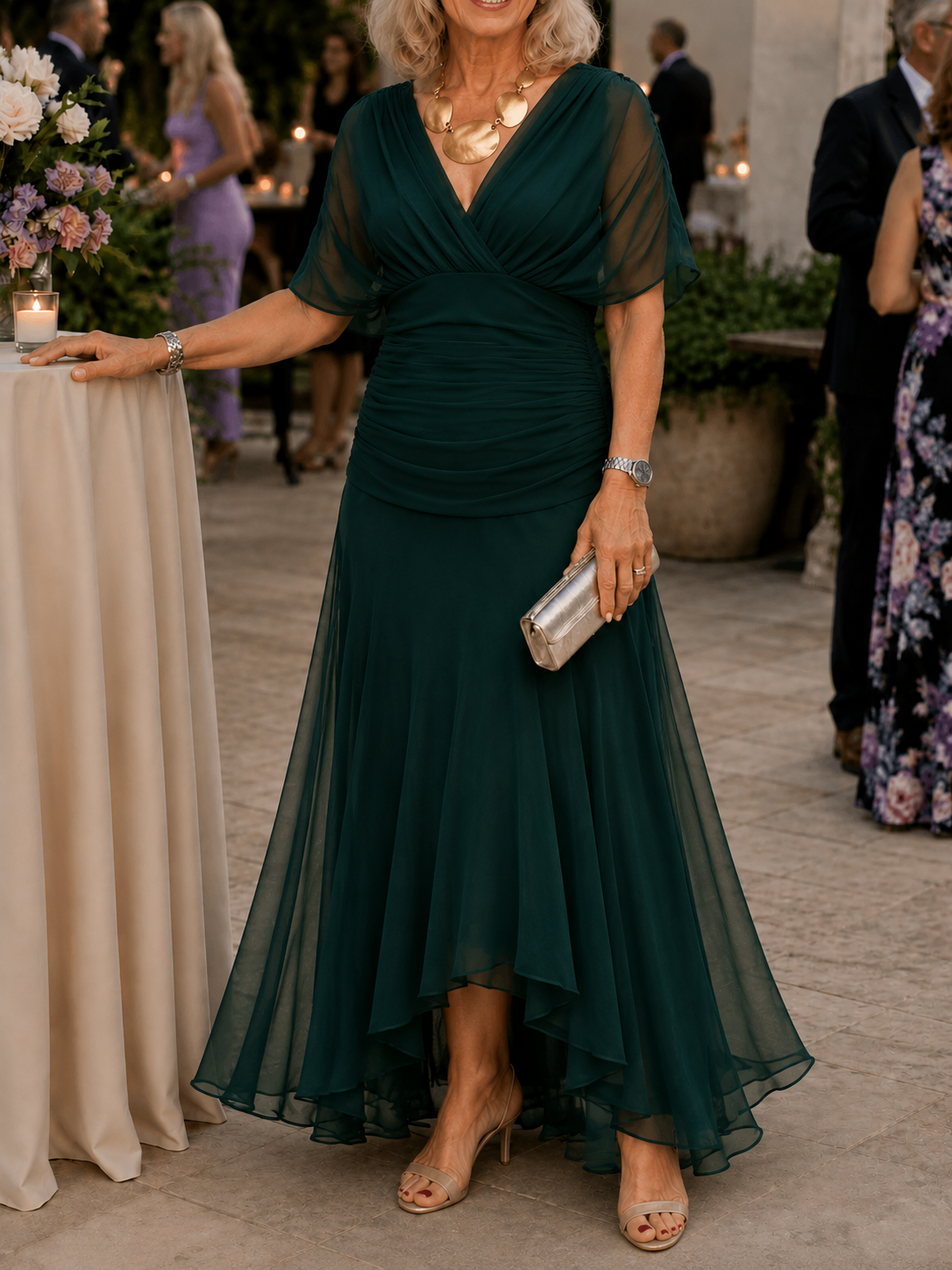 Emma dark green off-shoulder ruched maxi party dress with draped skirt