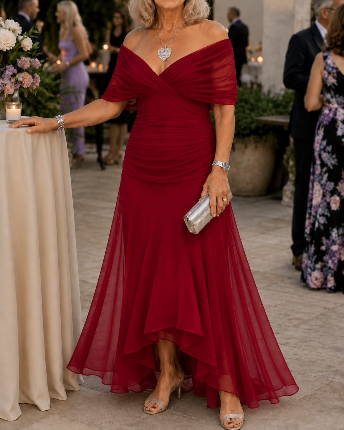 Emma venetian red off-shoulder ruched maxi party dress with flowing layered hem