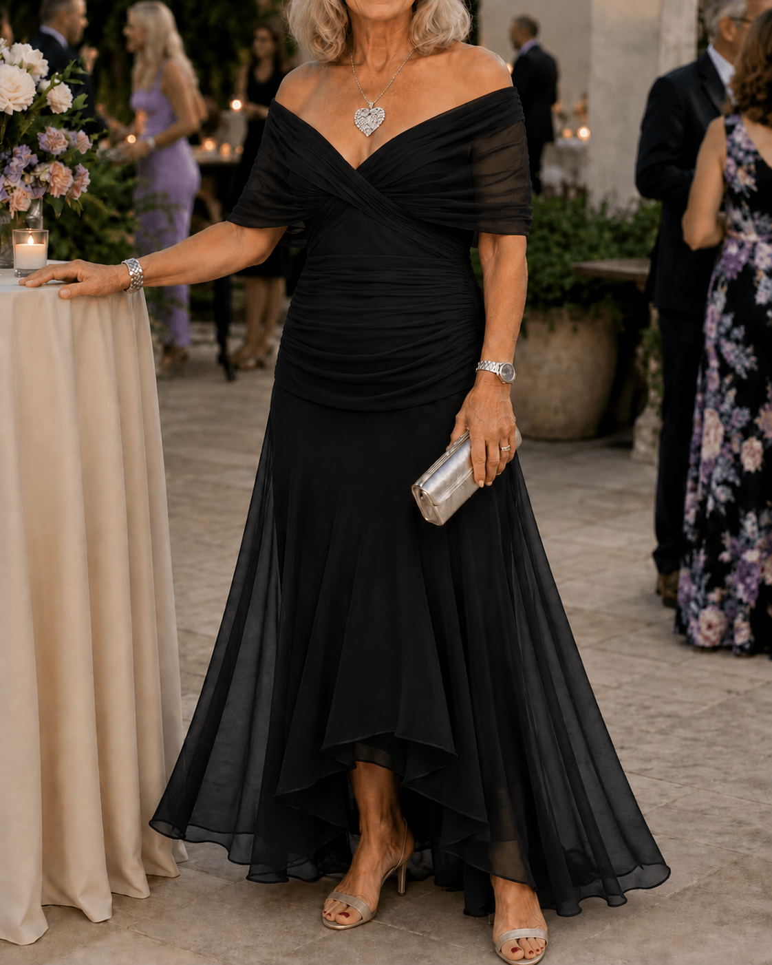 Emma black off-shoulder ruched maxi party dress with flowing layered hem